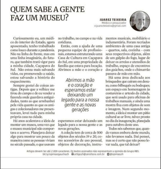 Artigo Quem Sabe a gente faz um museu? Publicado em Zero Hora